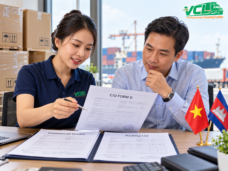 Xe container làm thủ tục tại cửa khẩu trước khi sang phía Campuchia