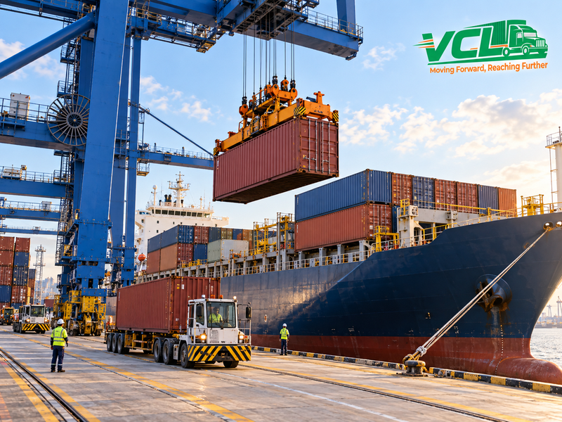 Tàu container cập cảng và cần cẩu bốc dỡ hàng